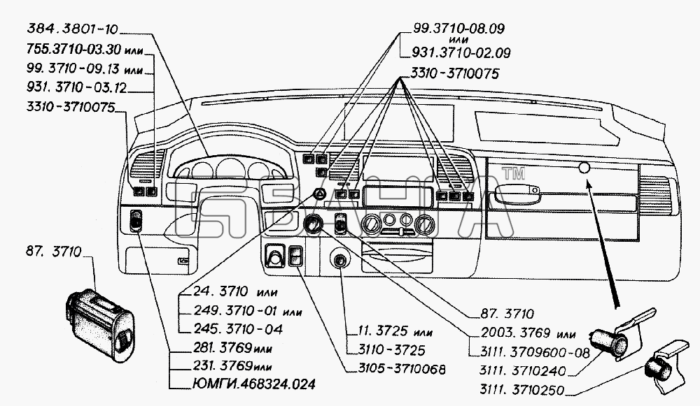 ГАЗ ГАЗ-3221 (2006) Схема Органы управления на панели приборов
